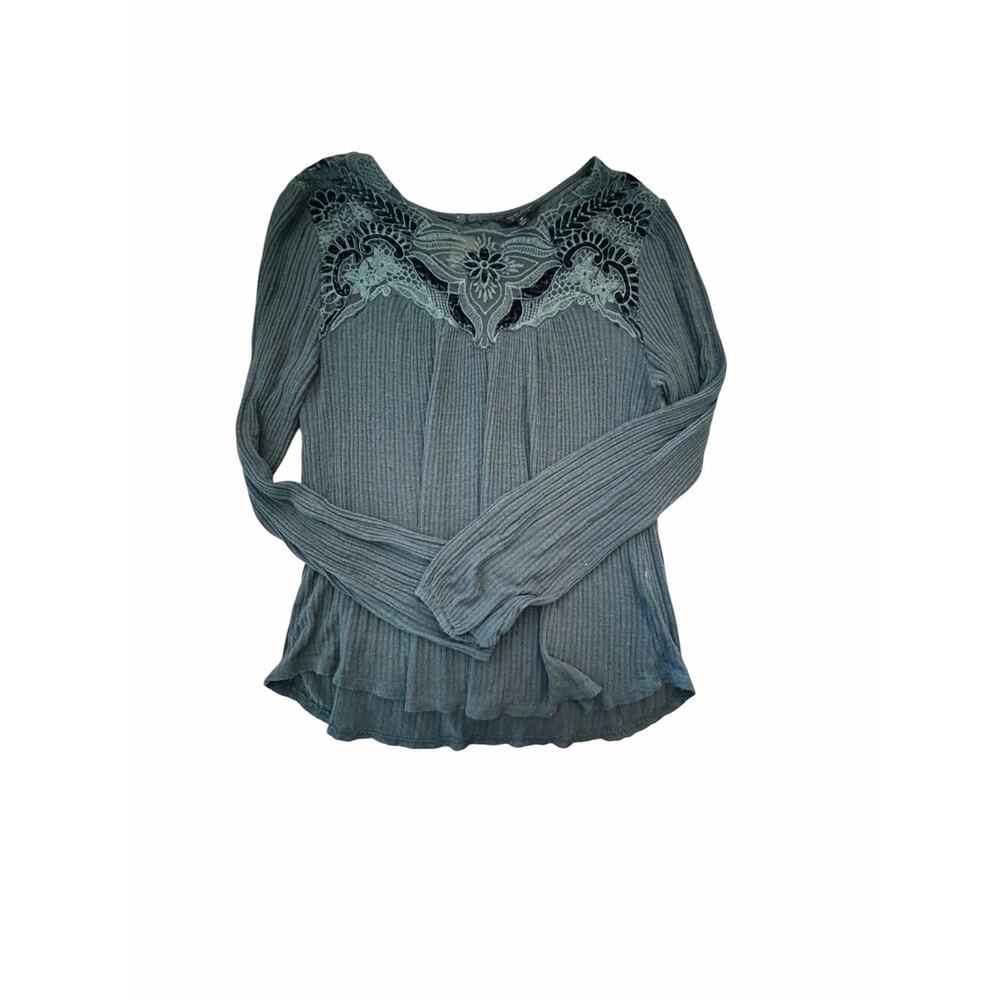 Lucky Brand Women’s Medium Teal Embroidered Lace Velvet Boho Long Sleeve Top - Picture 3 of 5